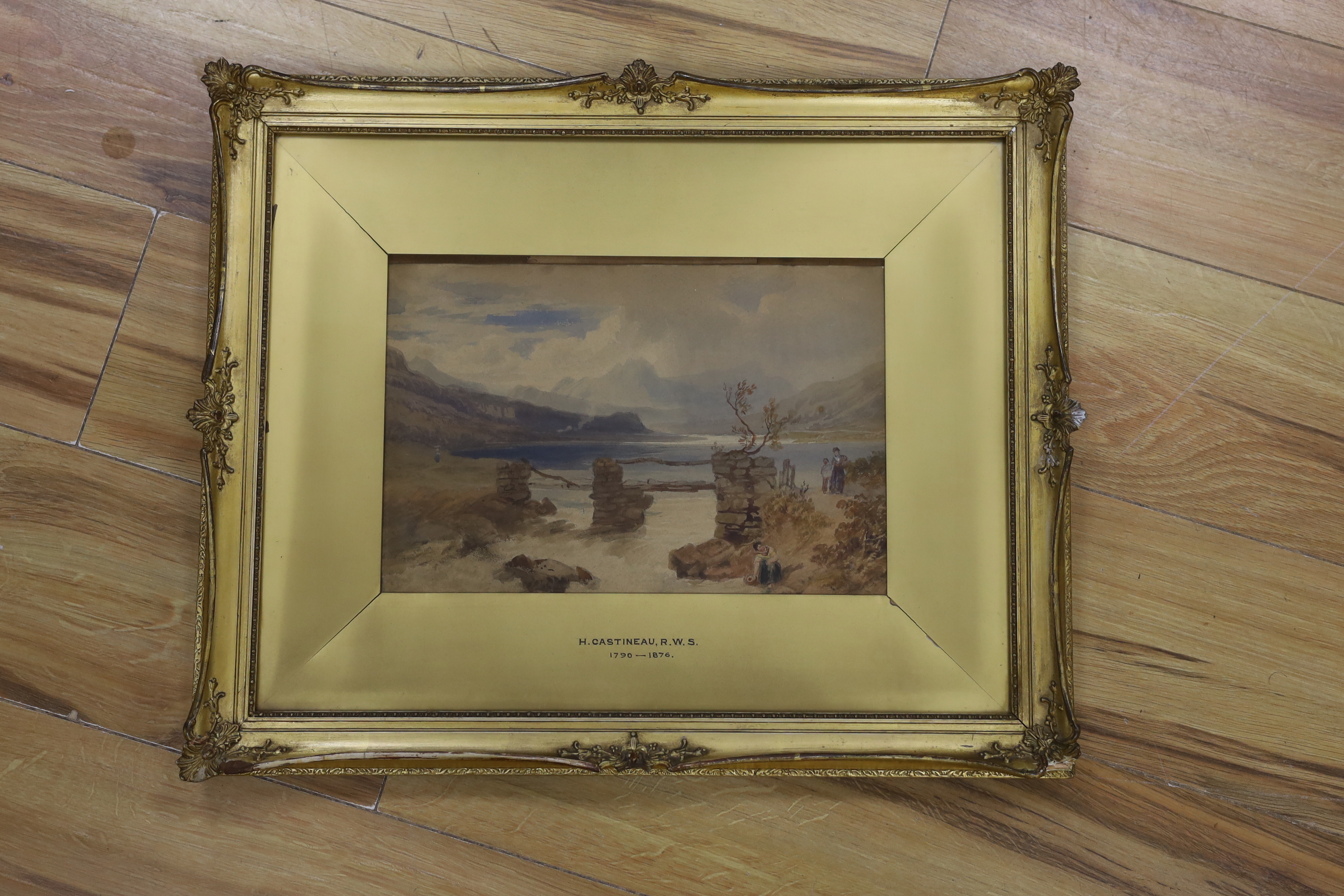 Henry Gastineau R.W.S (1790-1876), watercolour, ‘’Bridge at Capel Curig, North Wales’’, signed and inscribed to label verso, 20 x 30cm, ornate gilt framed